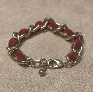 Designer Inspired Silver-tone chunky chain bracelet Threaded red velvet Bracelet